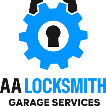“AA Locksmith & Garage Services logo featuring a blue gear with a keyhole symbol and bold black and blue company name.”