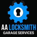 “AA Locksmith & Garage Services logo featuring a blue gear with a keyhole symbol and bold black and blue company name.”