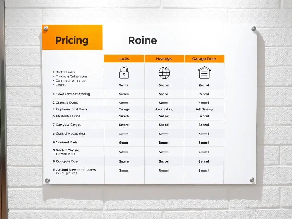 An image showcasing a clear and transparent pricing chart for various locksmith and garage door services offered by AA Locksmith & Garage Services.
