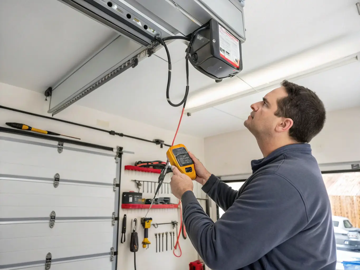 A close-up shot of a garage door opener being repaired by a technician, highlighting the intricate components and the technician's expertise.