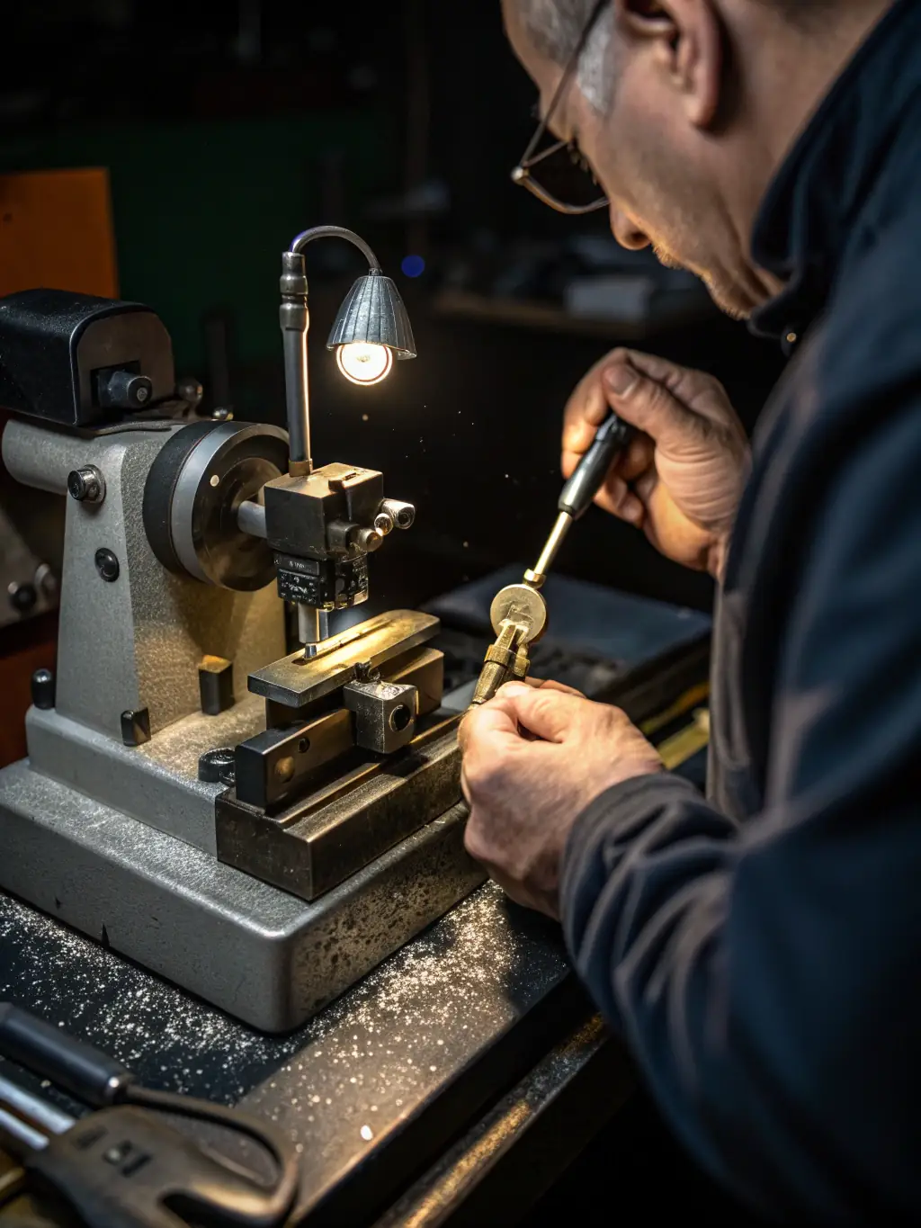 A locksmith creating a new car key using key cutting and programming equipment, showcasing car key replacement services.