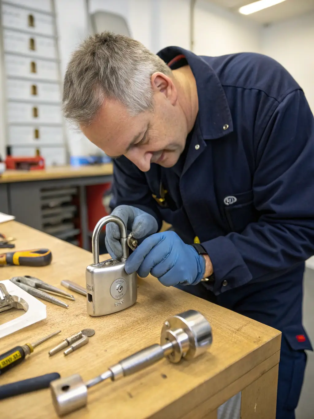 A locksmith rekeying a lock cylinder, demonstrating the rekeying process for a commercial building.