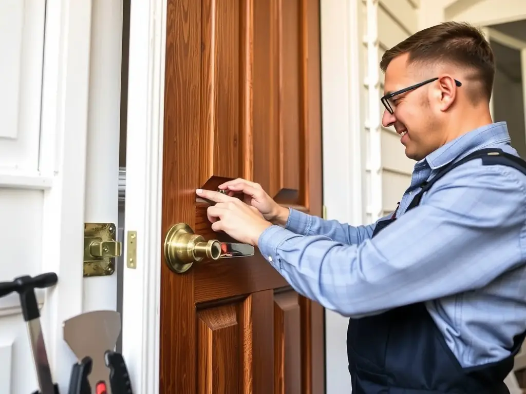 A locksmith expertly installing a high-security lock on a residential front door, showcasing the company's commitment to home security.