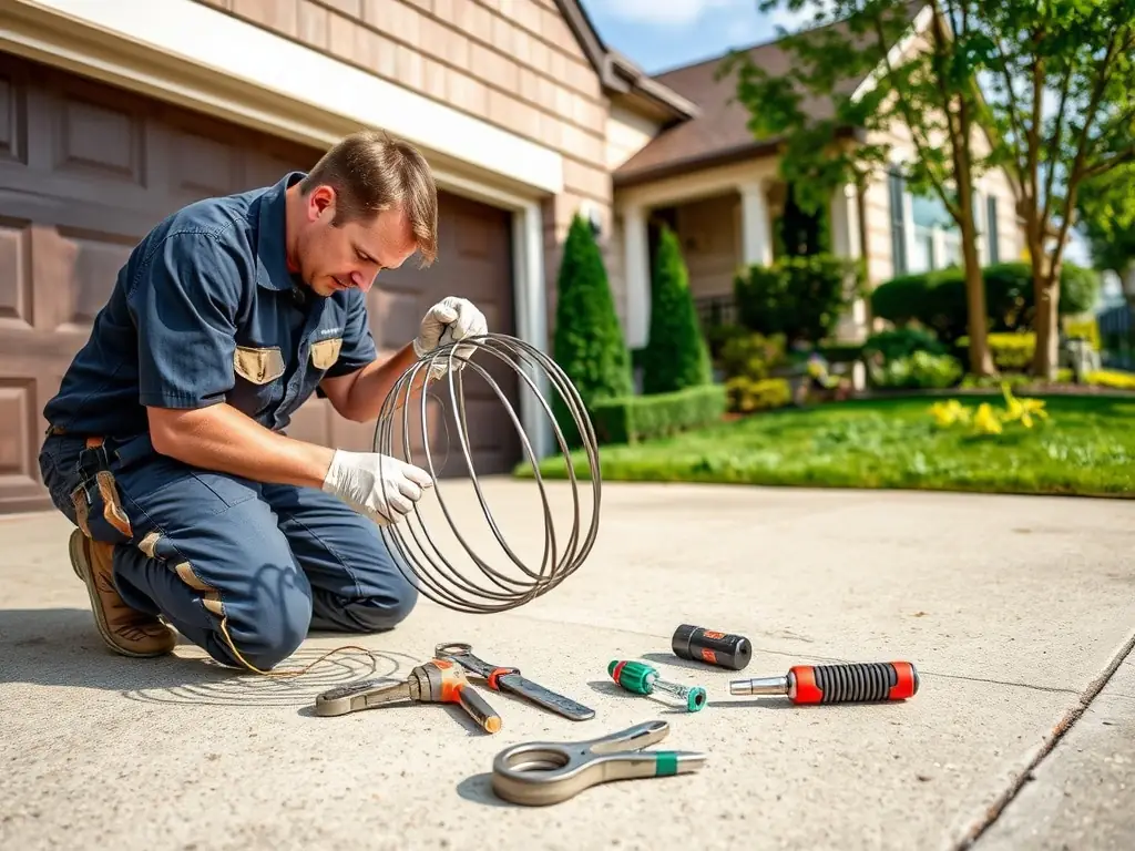 A technician expertly repairing a garage door spring, showcasing the precision and care taken during the repair process.