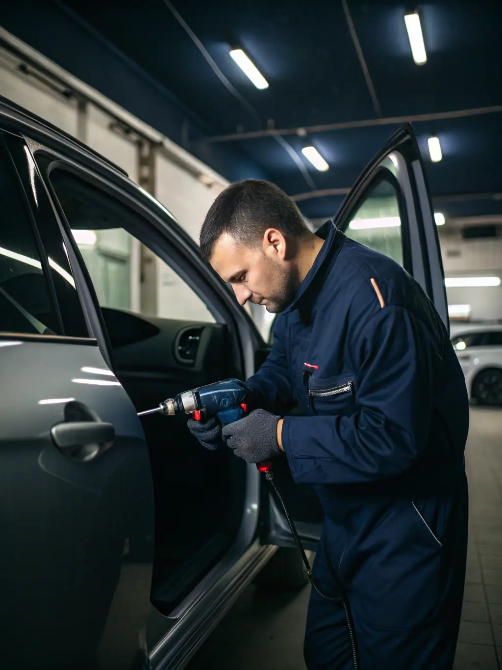 A locksmith using specialized tools to unlock a car door, highlighting automotive lockout assistance.
