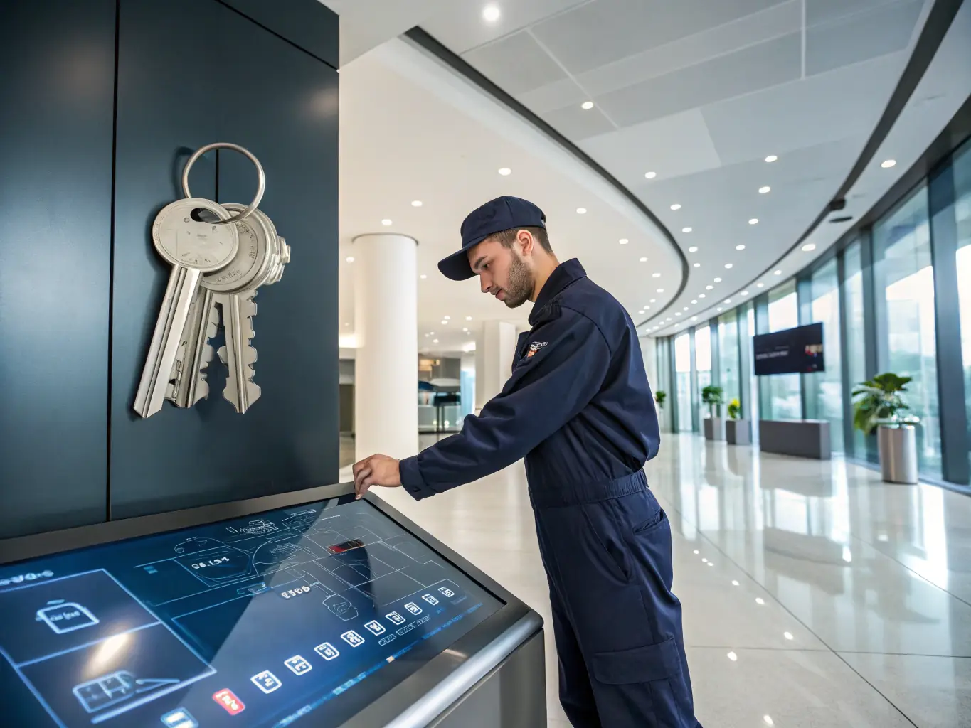 A close-up shot of a uniformed AA Locksmith technician smiling confidently while holding a set of keys, symbolizing trust and professionalism.