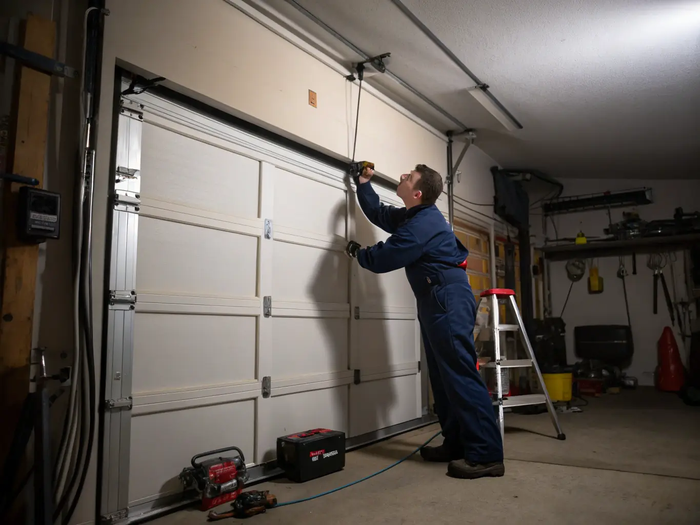 A technician diagnosing a garage door opener issue, using diagnostic tools to identify the problem.
