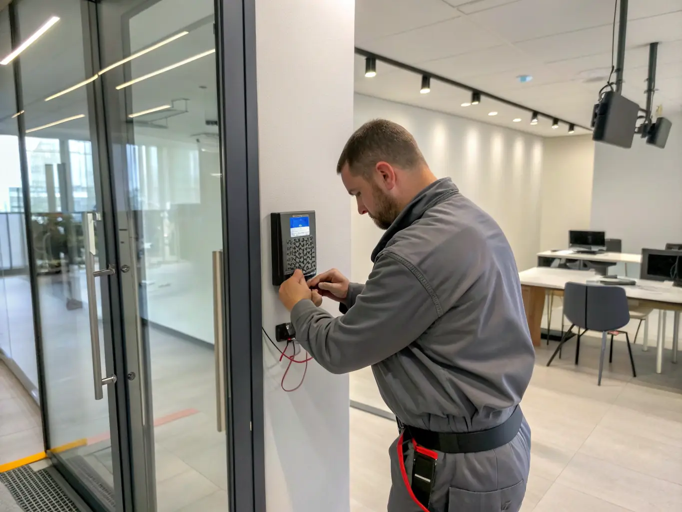 A locksmith installing an advanced access control system in a modern office building, emphasizing the company's expertise in commercial security solutions.