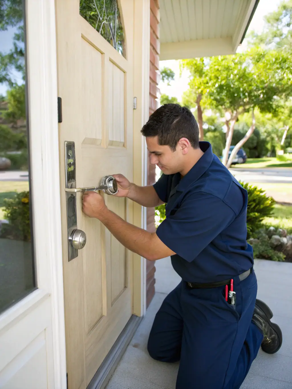 A locksmith installing a new high-security lock on a residential front door, showcasing residential locksmith services.