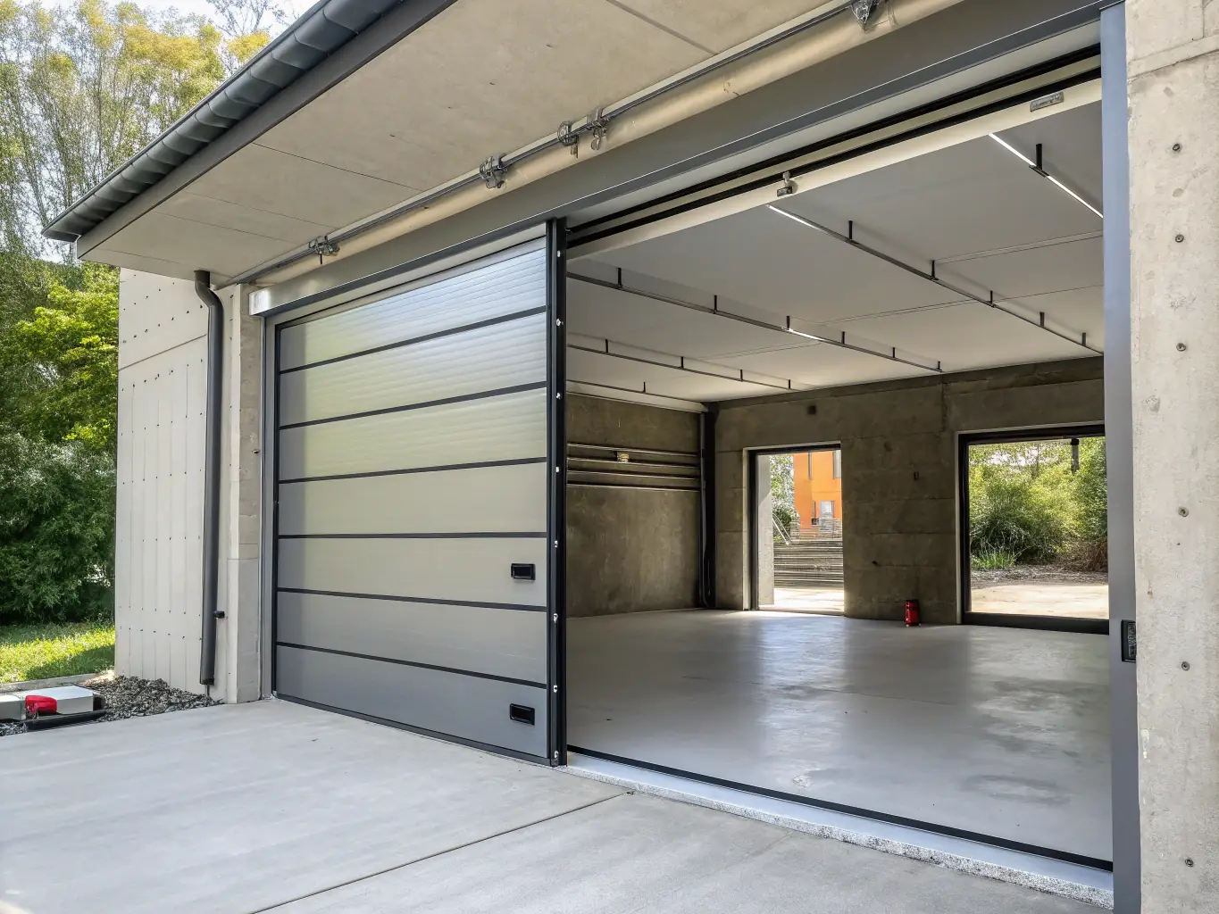 A newly installed garage door, highlighting its modern design and enhanced security features.